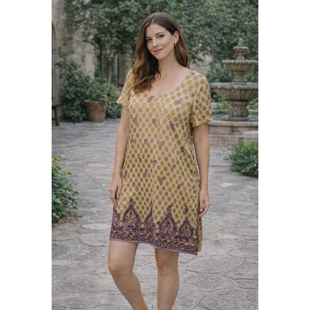 Handmade Embroidered Kurti Tunic Dress Womens S Beige Purple Paisley Boho